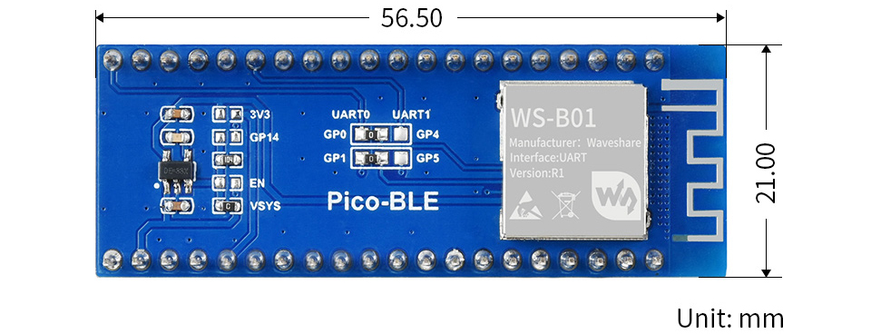 Módulo Bluetooth de Modo Dual para Raspberry Pi Pico, SPP/BLE, Bluetooth 5.1 - Haga Clic para Ampliar