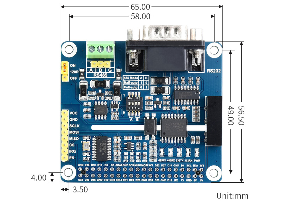 Isolated RS485 RS232 Expansion HAT for Raspberry Pi, SPI Control - Click to Enlarge