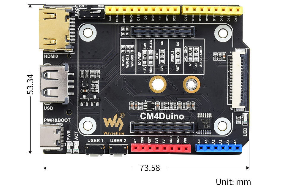 Placa Base Compatible con Arduino para RPi CM4, HDMI, USB, Ranura M.2 CM4-Duino - Haga Clic para Ampliar