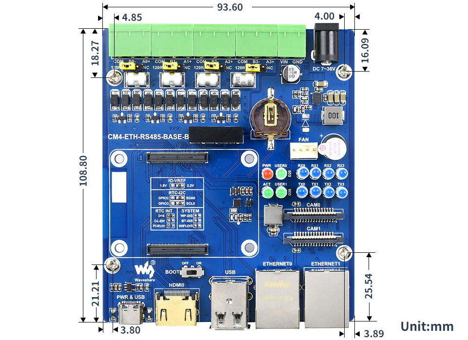 Placa Base Dual ETH Quad RS485 (B) para RPi CM4, Gigabit Ethernet, 4CH Aislados - Haga Clic para Ampliar