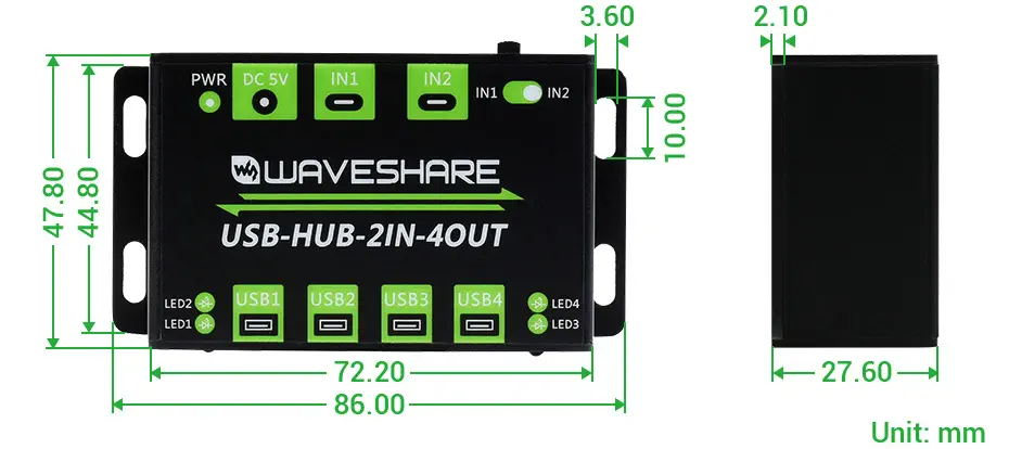 HUB USB de qualité industrielle, 4 ports USB 2.0, prise américaine double hôte commutable - Cliquez pour agrandir