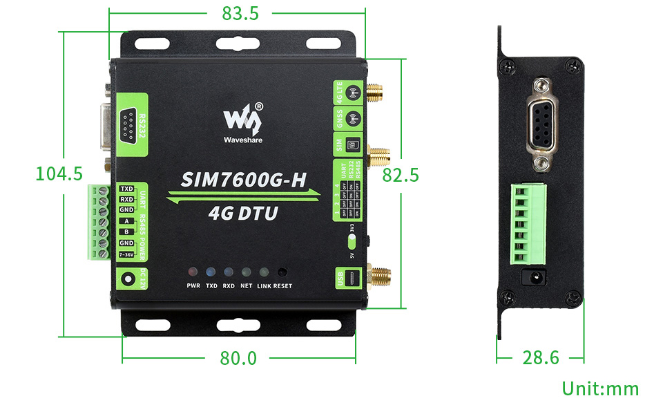 Industrial Grade SIM7600G-H 4G DTU, USB UART/RS232/RS485, LTE Global Band (US) - Click to Enlarge