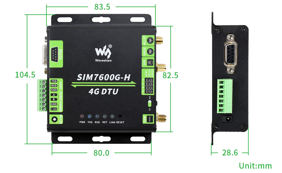 Industrial Grade SIM7600G-H 4G DTU, USB UART/RS232/RS485, LTE Global Band EU Plug - Click to Enlarge