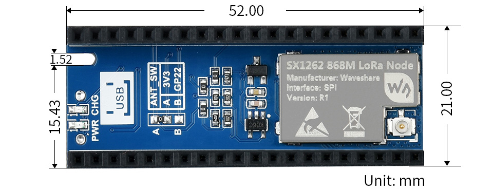SX1262 LoRa Node Module for RPi Pico, LoRaWAN, Frequency Band 433M (410~525MHz) - Click to Enlarge
