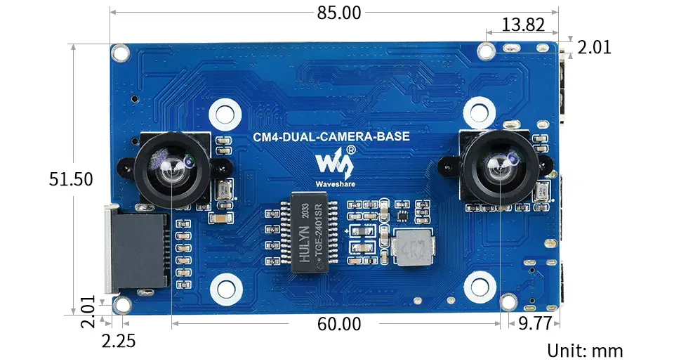 Placa Base de Cámara Binocular para RPi CM4 (s/ Expansor de Interfaz y FFC) - Haga Clic para Ampliar