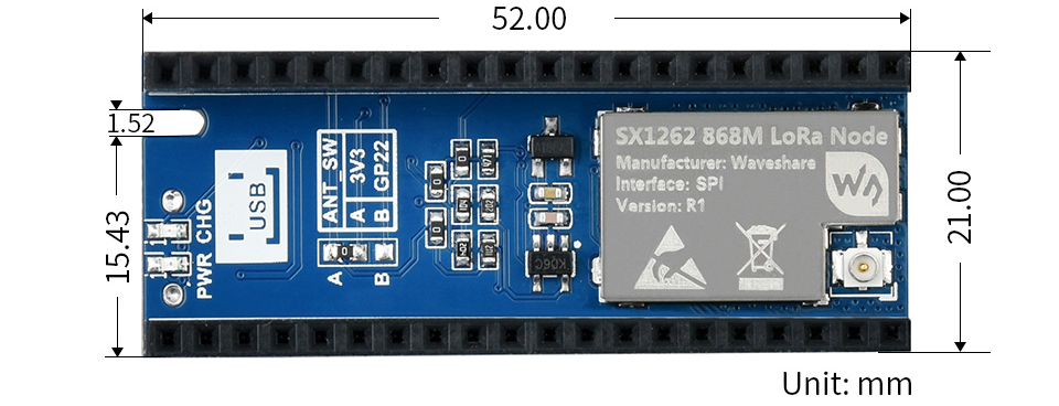 SX1262 LoRa Node Module for RPi Pico, LoRaWAN, Frequency Band 915M (902~930MHZ) - Click to Enlarge