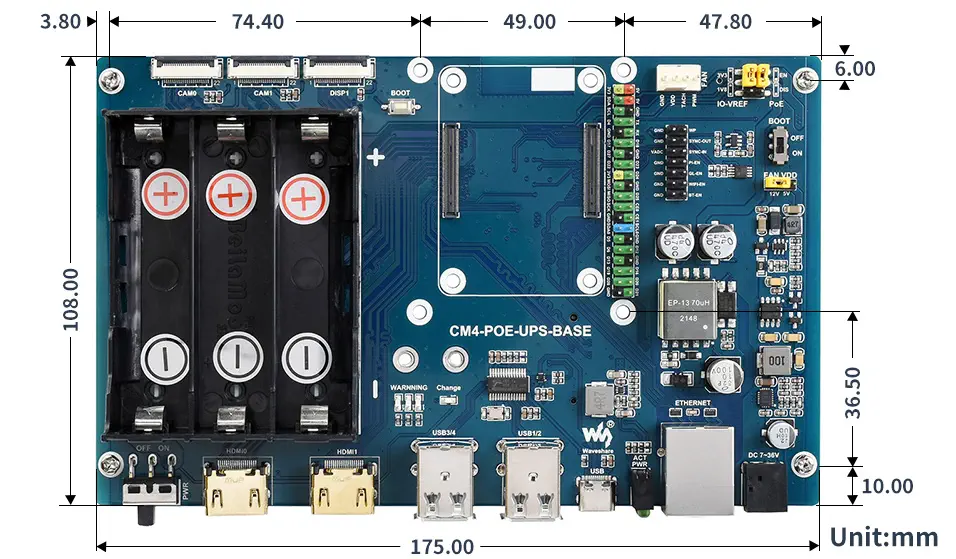 Carte de base PoE UPS pour RPi CM4, Gigabit Ethernet, Dual HDMI, Quad USB2.0