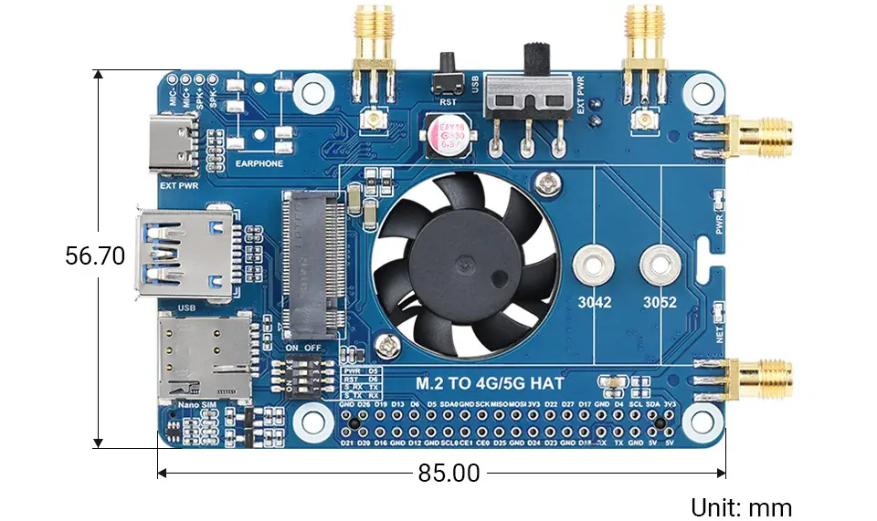 HAT 5G para RPi, 4 Antenas LTE-A, Multi Banda, HAT RM500Q-GL 5G/4G/3G c/ Caja, US