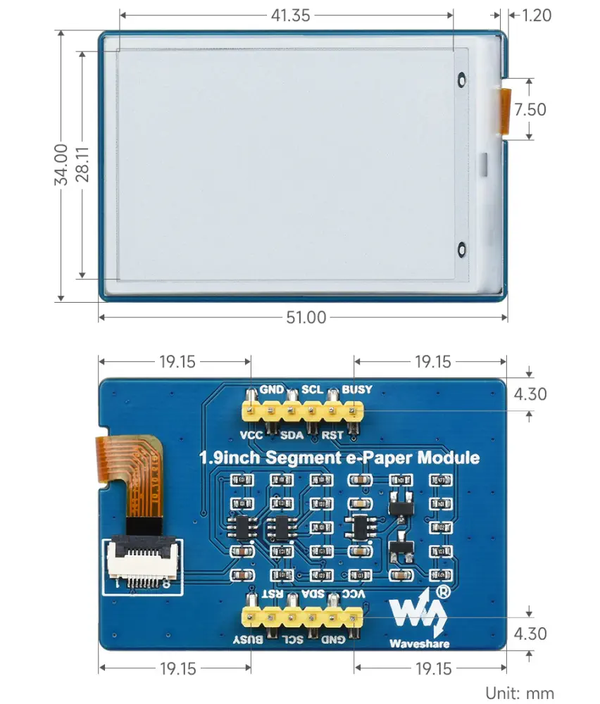 Módulo de Papel Electrónico de 1,9 pulgadas, 91 Segmentos, Bus I2C Waveshare