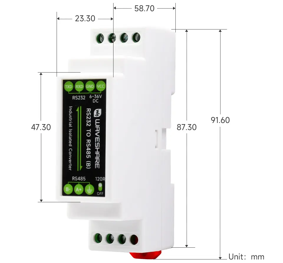 Convertidor RS232 a RS485 (B), Aislador Digital Activo, Montaje en Carril Waveshare