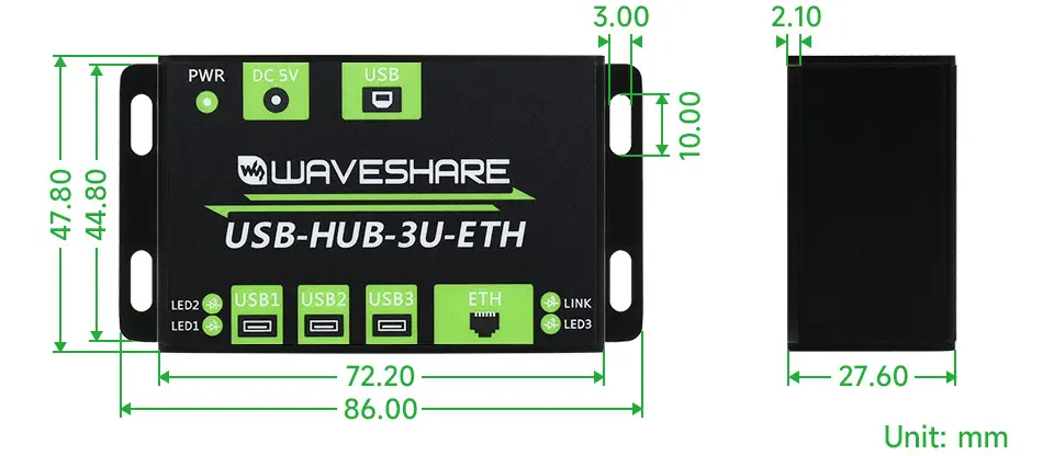 HUB multi-USB de qualité industrielle Waveshare avec port Ethernet 100M (sans prise d'alimentation)