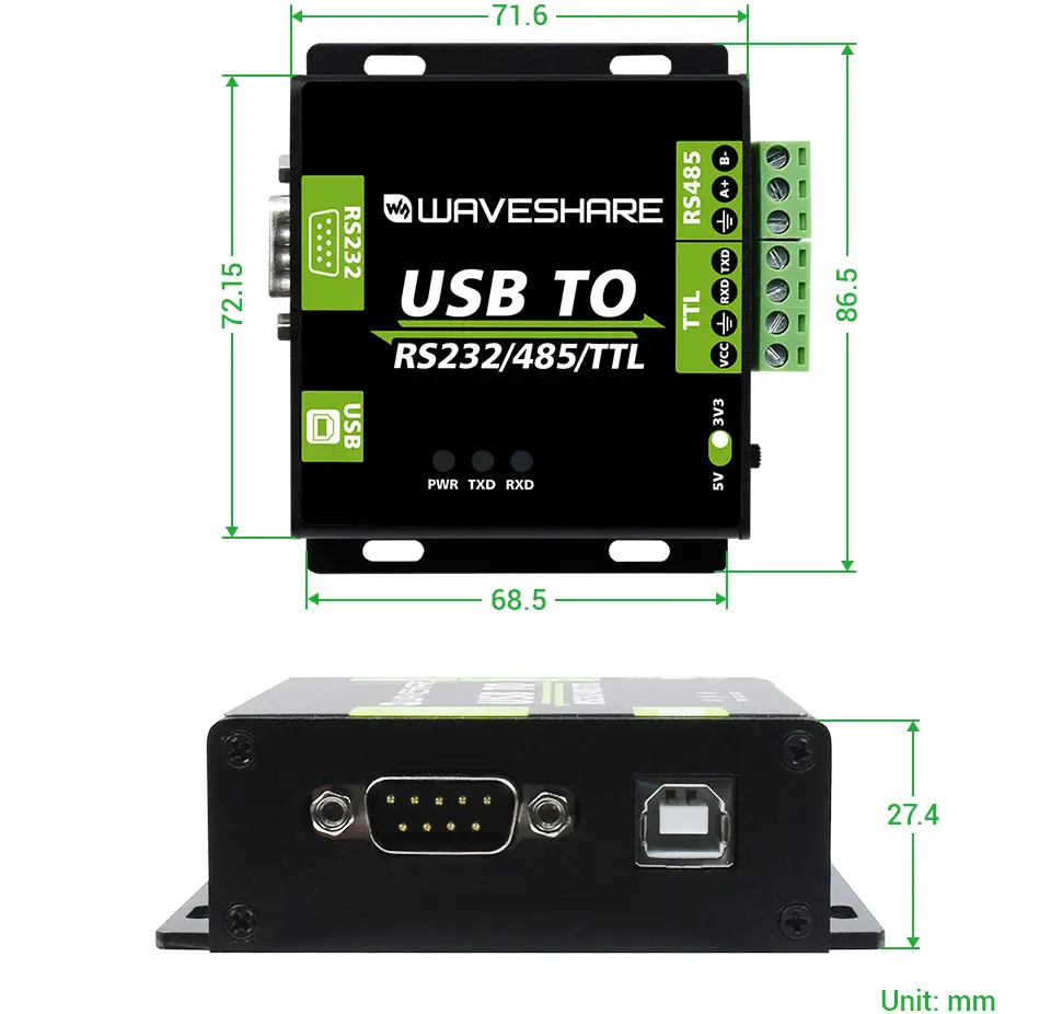 Waveshare CH343G USB naar RS232/485/TTL-interfaceconverter, Industriële Isolatie