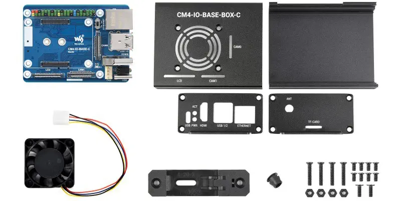 Mini carte de base Waveshare (C) pour Raspberry Pi CM 4 avec boîtier + ventilateur (US)