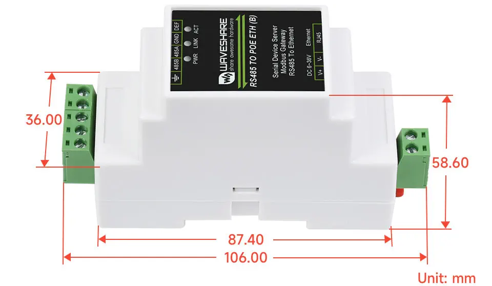 Industrial Serial Server, RS485 to RJ45 Ethernet, TCP/IP to Serial, Rail-Mount & POE