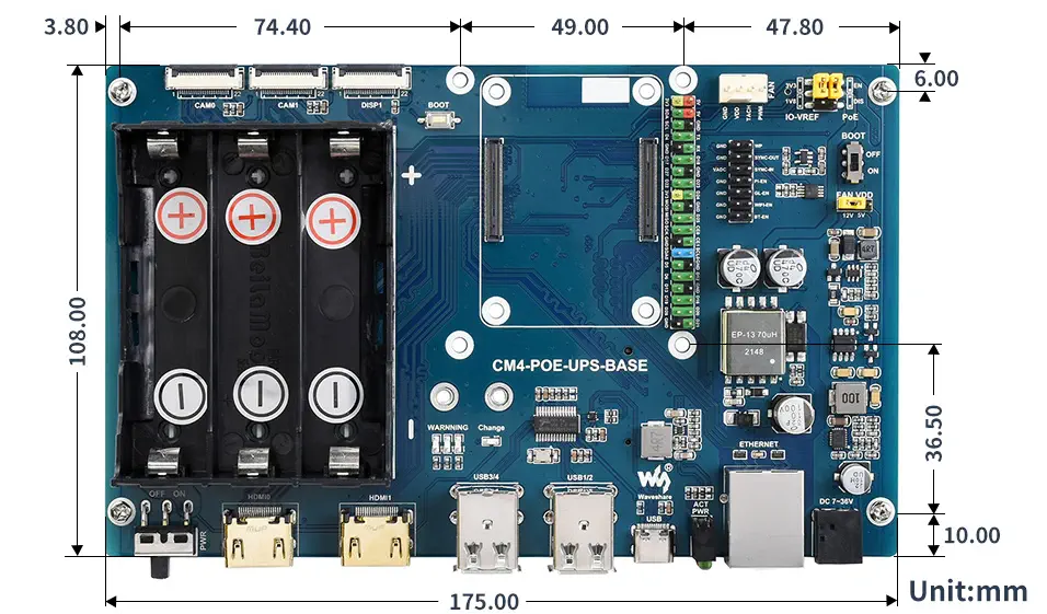 Minicomputadora PoE UPS para RPi CM4, GB Ethernet, 2 HDMI, 4 USB2.0 Waveshare (EE.UU.)