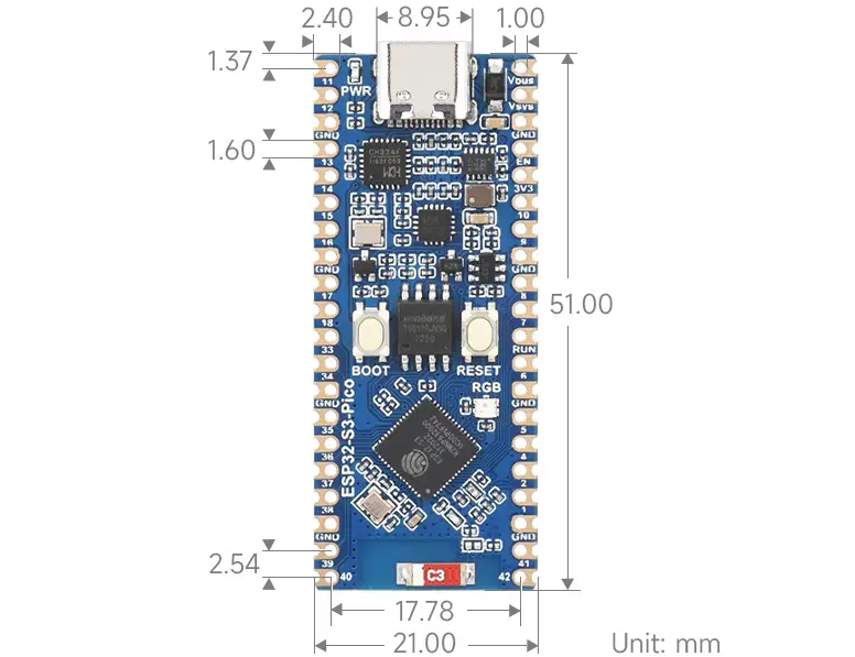 Waveshare ESP32-S3, 2.4 GHz Wi-Fi DevBoard, Dual-core, 240 MHz w/ Pinheader