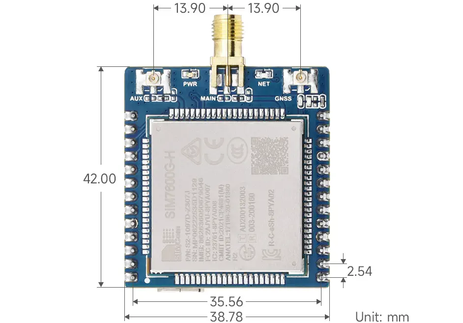 Módulo de Comunicación 4G SIM7600E-H, 4G/3G/2G, GNSS de Waveshare c/ Antena SMA