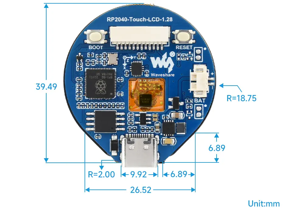 Tableau de développement Waveshare RP2040 avec écran tactile rond de 1,28 pouce, accéléromètre et gyroscope