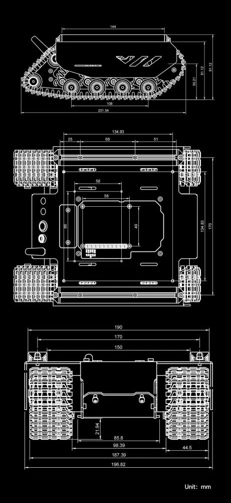 UGV Tout-Terrain à Chenilles, Support de Multiples Hôtes, avec Rails Externes et ESP32 Slave