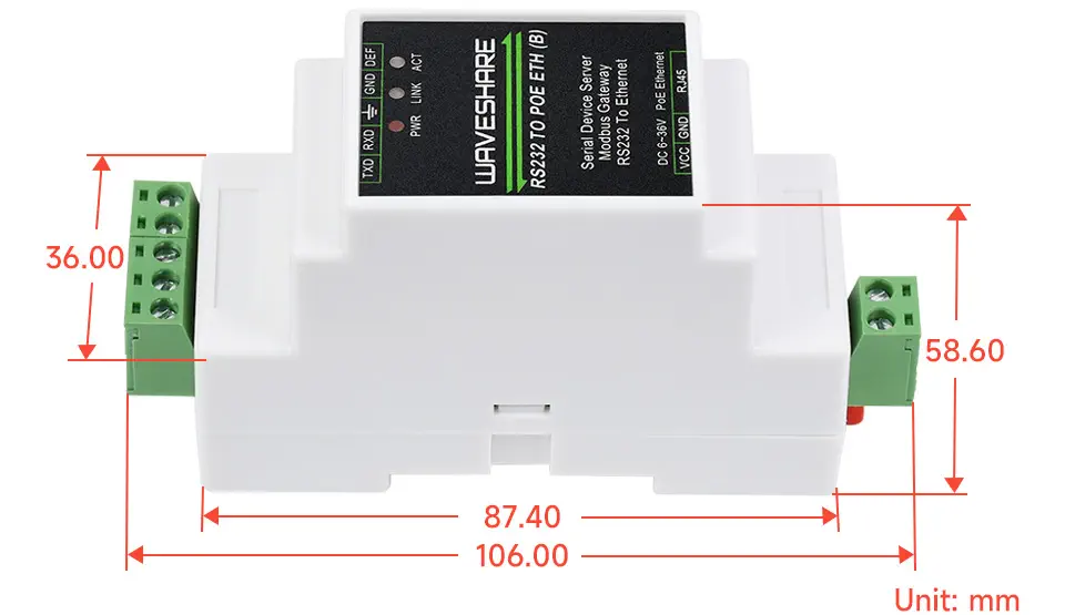 Industrieller Serieller Server, RS232 zu RJ45 ETH, TCP/IP zu Seriell, Schienenmontage, PoE