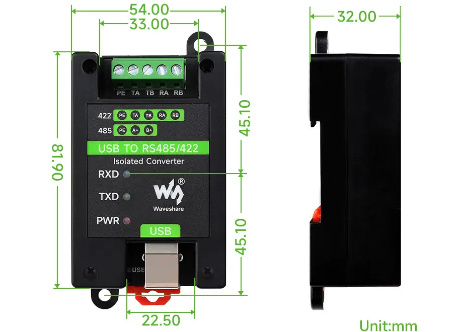 Waveshare USB naar RS485/422 Geïsoleerde Converter, Aan boord FT232RL & SP485EEN