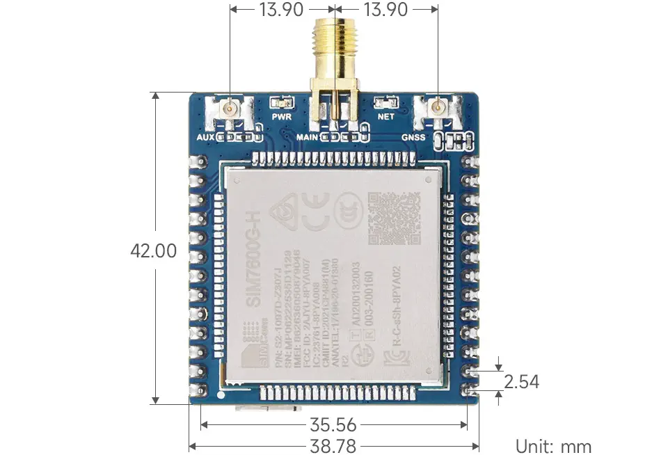 Módulo de Comunicación SIM7600G-H, Posicionamiento GNSS 4G/3G/2G (Soldado + Antena SMA)