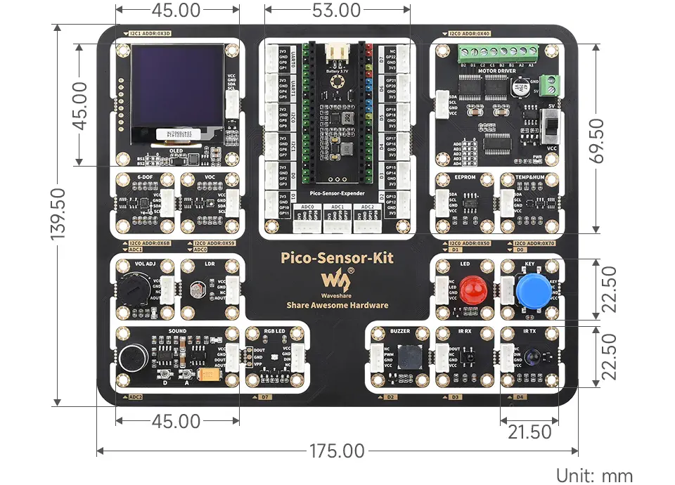 RPi Pico Entry-Level Sensor Kit w/ Pico H Expansion Board & 15 Modules