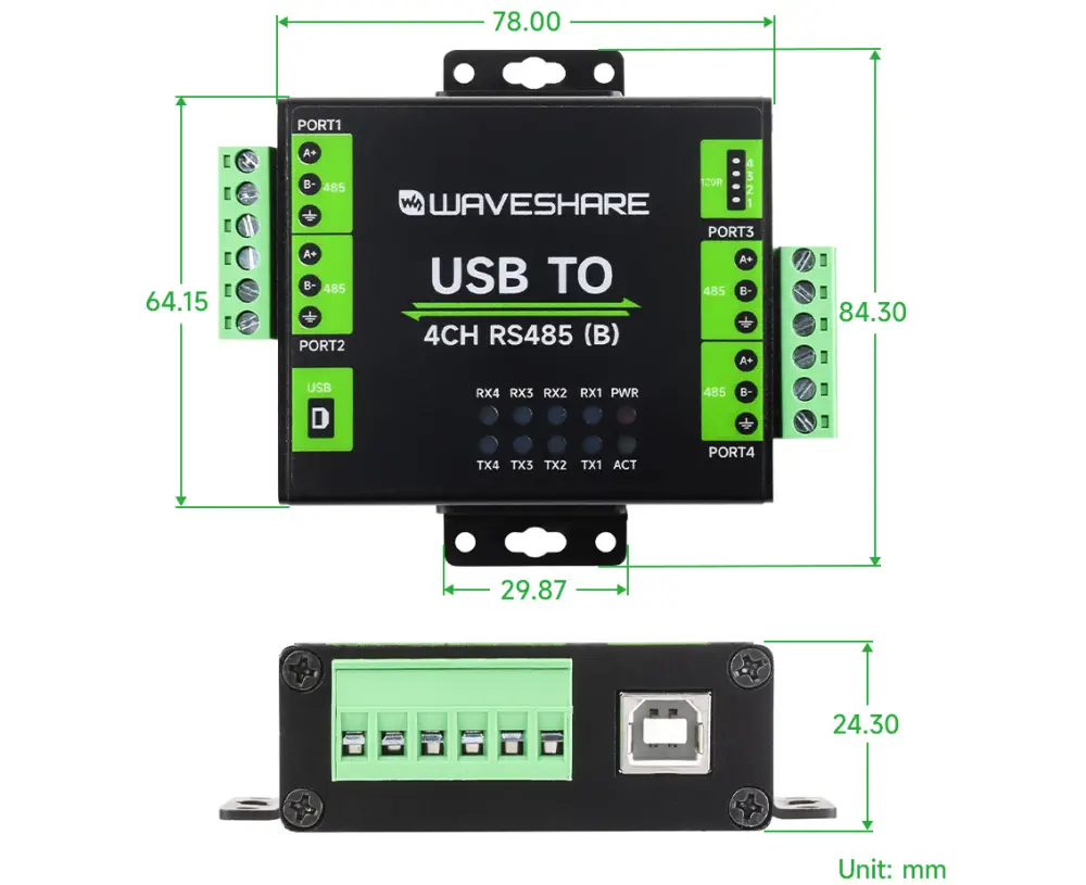 Waveshare Industrieller USB zu 4-Kanal RS485 Konverter (B), CH344L, Multi-OS Unterstützung