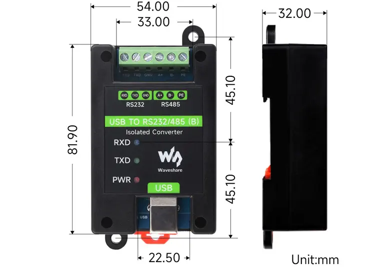 Waveshare Industriële USB naar RS232/485 Converter, FT232RNL