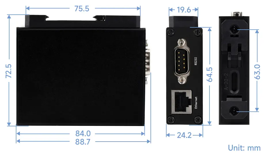 RS232/485/422 to RJ45 Ethernet Module - Dimensions