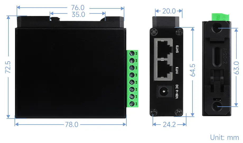 2 チャンネル RS485 から RJ45 イーサネット シリアル サーバー - 寸法