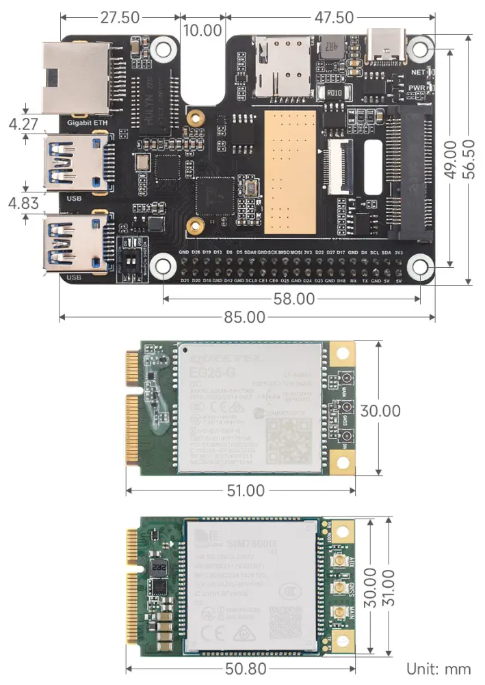 PCIe naar MiniPCIe HAT voor Raspberry Pi 5 - Afmetingen